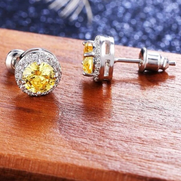 Cubic Zirconia Citrine Yellow, Lab Created Stud Dainty Luxury Glam Earrings - Picture 3 of 9
